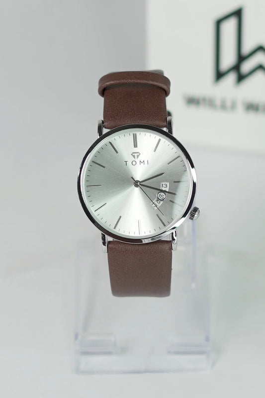 TOMI Classic Business Watch – Silver Dial, Brown Leather Strap TM-007