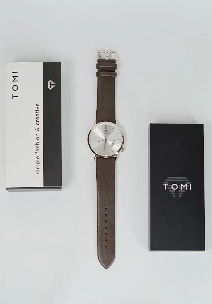 TOMI Brown Strap Men’s Business Watch – Gold & White Dial with Date TM-010