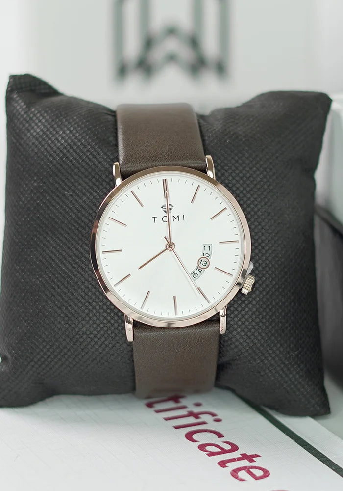 TOMI Brown Strap Men’s Business Watch – Gold & White Dial with Date TM-010