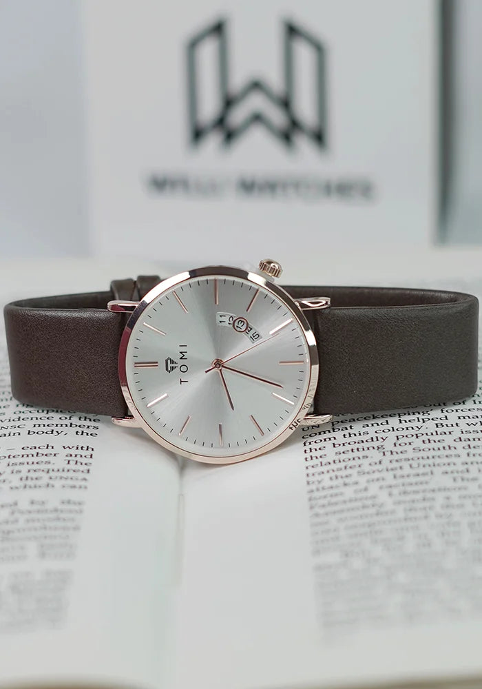 TOMI Brown Strap Men’s Business Watch – Gold & White Dial with Date TM-010