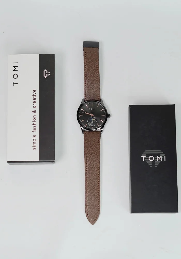 TOMI Executive Magnet Lock Men’s Watch – Brown Leather Strap, Black Dial TM-013