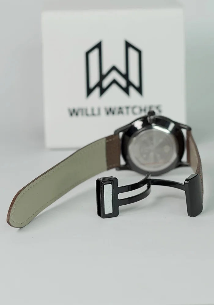 TOMI Executive Magnet Lock Men’s Watch – Brown Leather Strap, Black Dial TM-013