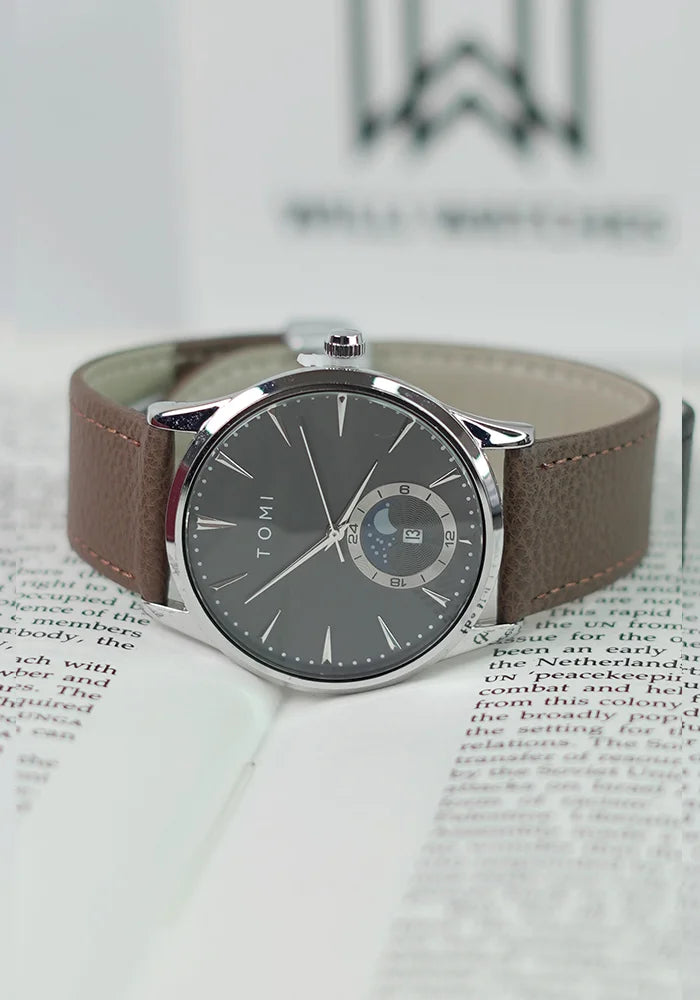 TOMI Executive Magnet Lock Men’s Watch – Brown Strap, Silver Case & Black Dial TM-015