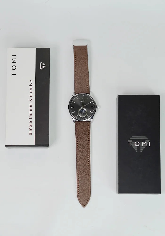 TOMI Executive Magnet Lock Men’s Watch – Brown Strap, Silver Case & Black Dial TM-015