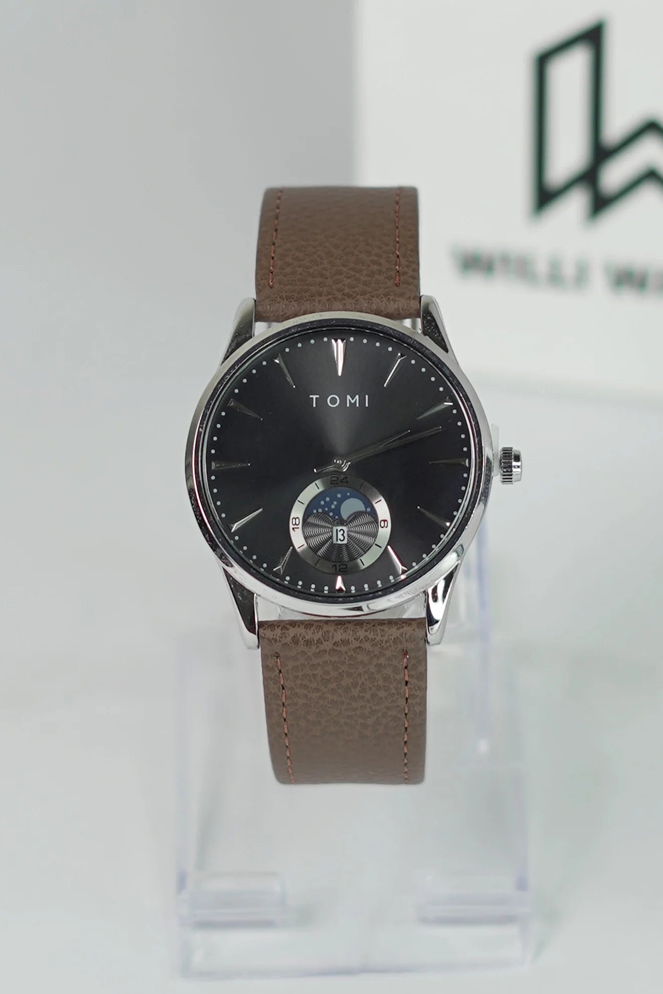 TOMI Executive Magnet Lock Men’s Watch – Brown Strap, Silver Case & Black Dial TM-015