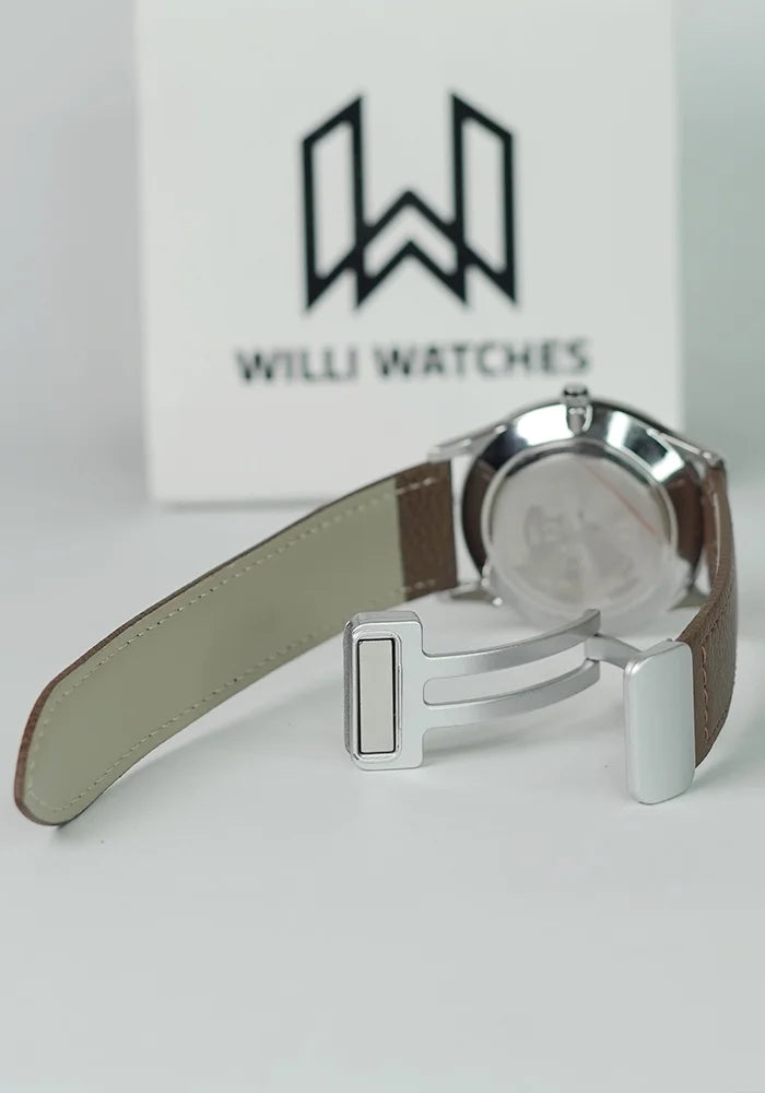 TOMI Executive Magnet Lock Men’s Watch – Brown Strap, Silver Case & Black Dial TM-015