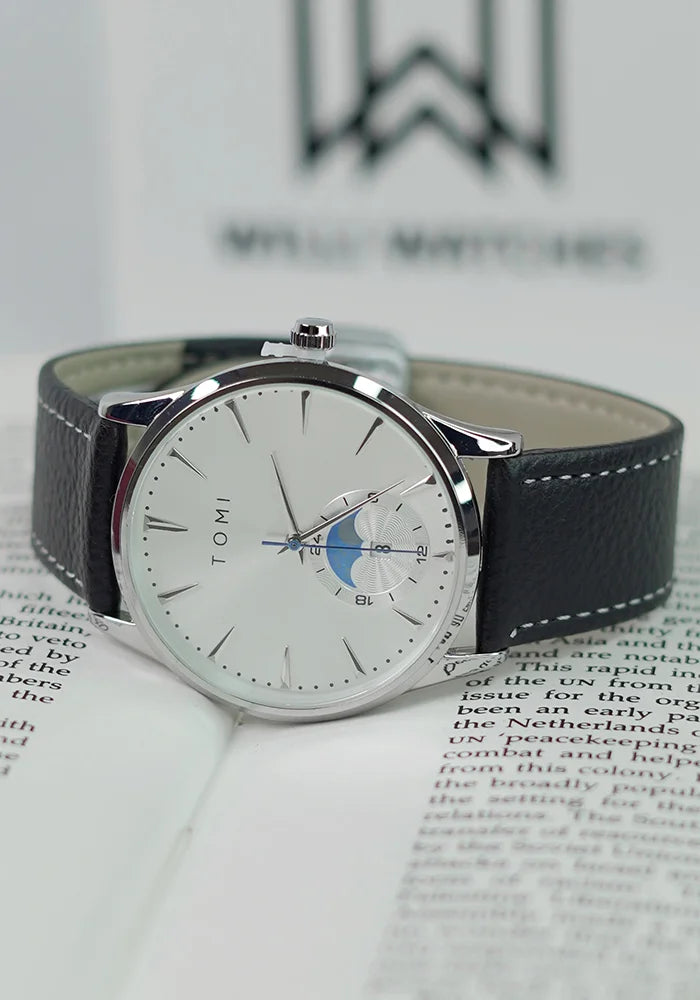 TOMI Classic Business Watch – White Dial, Black Strap, Magnet Lock TM-017