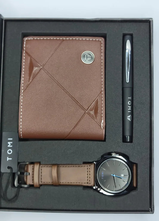 Tomi Luxury Round Dial Leather Gift Set – Watch, Wallet & Pen TM-006