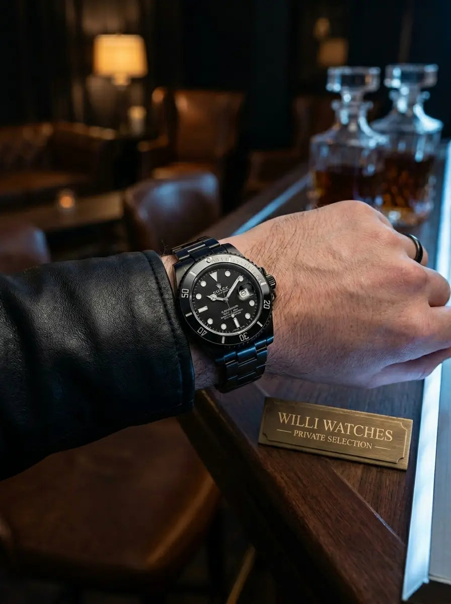 Person wearing a black wristwatch with a blurred bar and decanter in the background