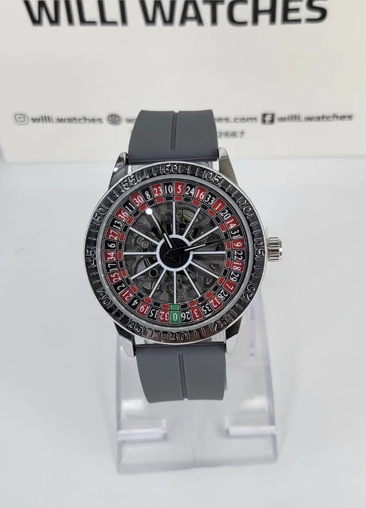 Luxury Casino Roulette Skeleton Watch with Premium Grey Silicone Strap SP-009