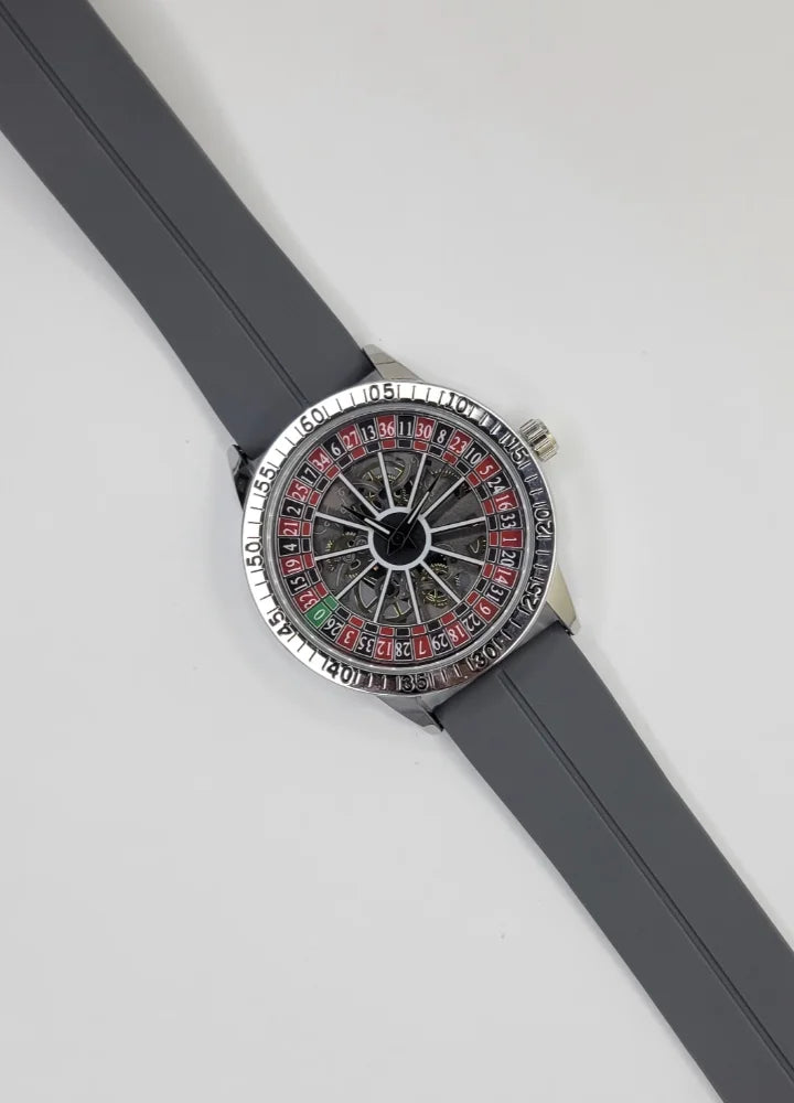 Luxury Casino Roulette Skeleton Watch with Premium Grey Silicone Strap SP-009