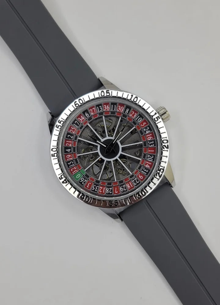 Luxury Casino Roulette Skeleton Watch with Premium Grey Silicone Strap SP-009