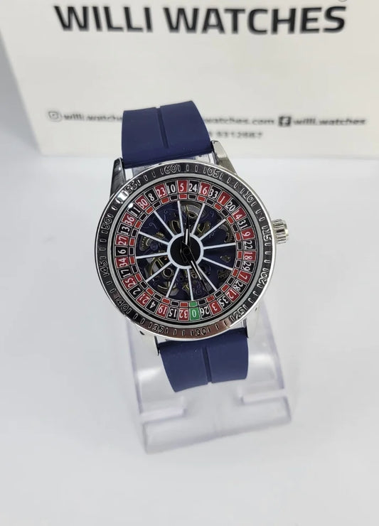 Luxury Casino Roulette Skeleton Watch with Premium Blue Silicone Strap SP-008