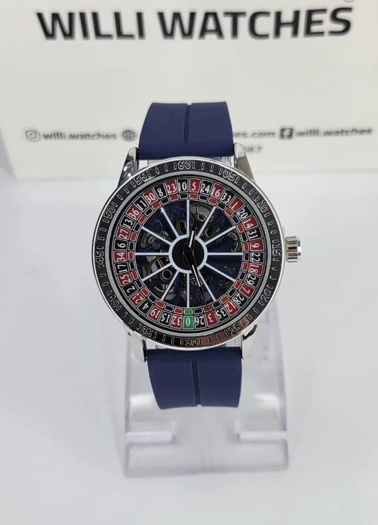 Luxury Casino Roulette Skeleton Watch with Premium Blue Silicone Strap SP-008