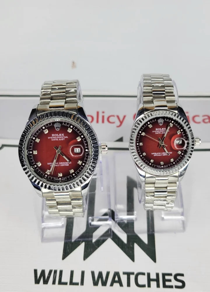 RLX Silver & Maroon Couple Watches R-022
