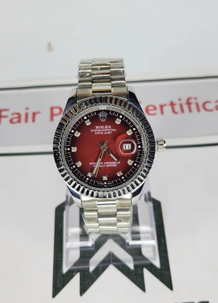 RLX Silver & Maroon Couple Watches R-022