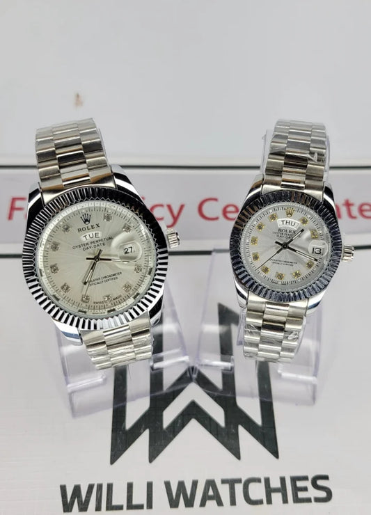 RLX Silver & White Couple Watches R-023