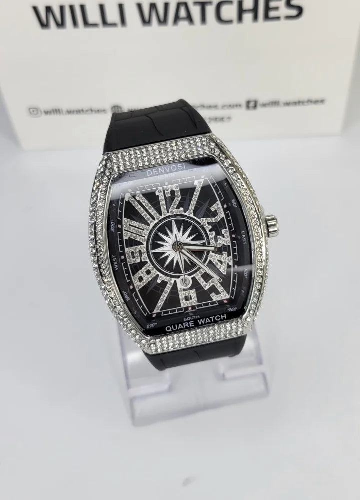 Denvosi Luxury Diamond Studded Men’s Black Strap Watch SK-013