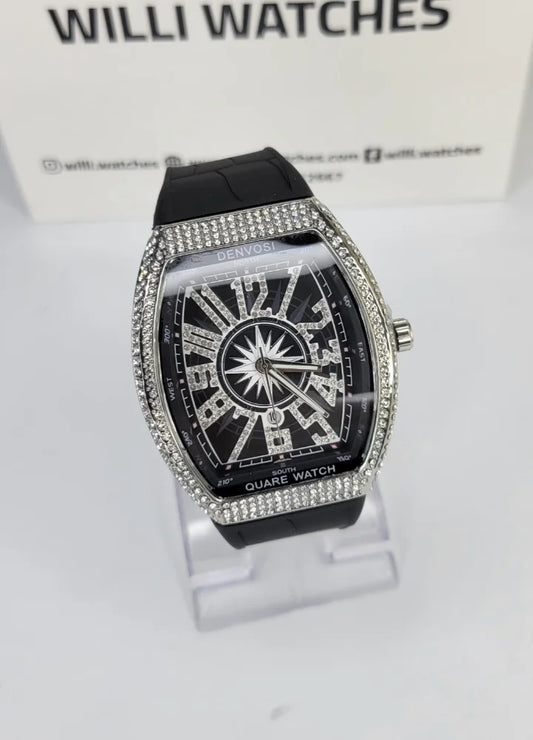 Denvosi Luxury Diamond Studded Men’s Black Strap Watch SK-013