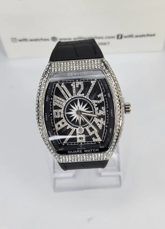 Denvosi Luxury Diamond Studded Men’s Black Strap Watch SK-013