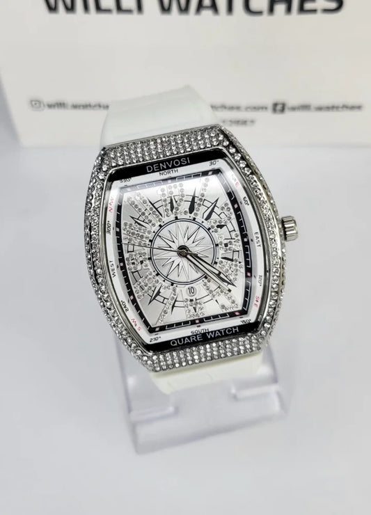 Denvosi Luxury Diamond Studded White Strap Men’s Watch SK-017