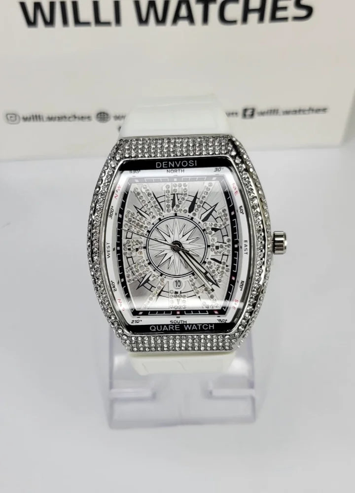 Denvosi Luxury Diamond Studded White Strap Men’s Watch SK-017