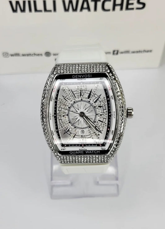 Denvosi Luxury Diamond Studded White Strap Men’s Watch SK-017