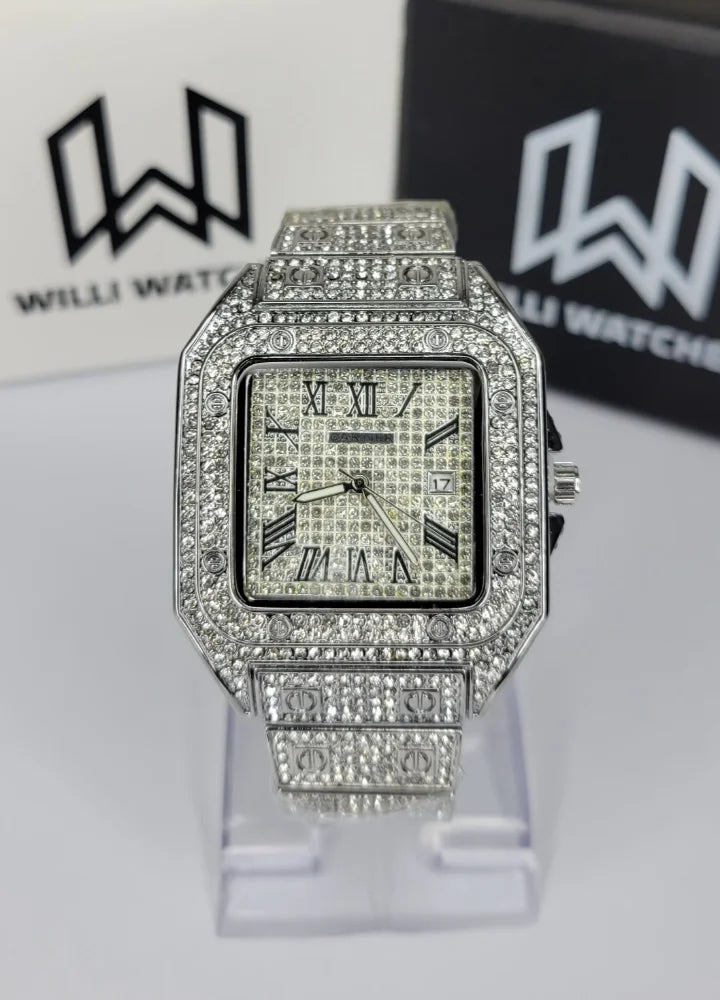 Men’s Premium Iced-Out Silver Roman Dial Watch SK-003