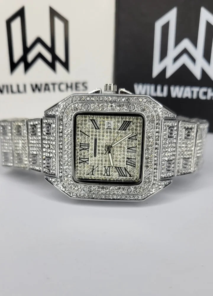 Men’s Premium Iced-Out Silver Roman Dial Watch SK-003