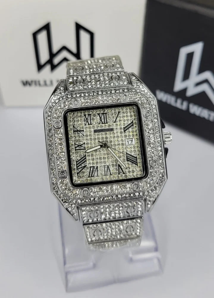 Men’s Premium Iced-Out Silver Roman Dial Watch SK-003