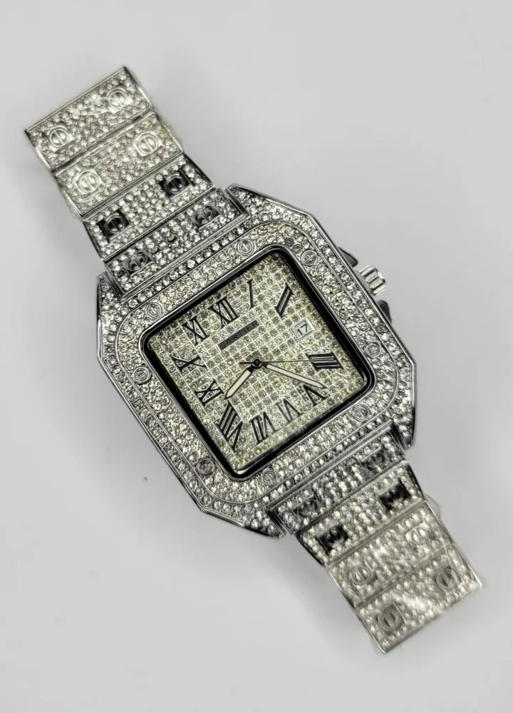 Men’s Premium Iced-Out Silver Roman Dial Watch SK-003
