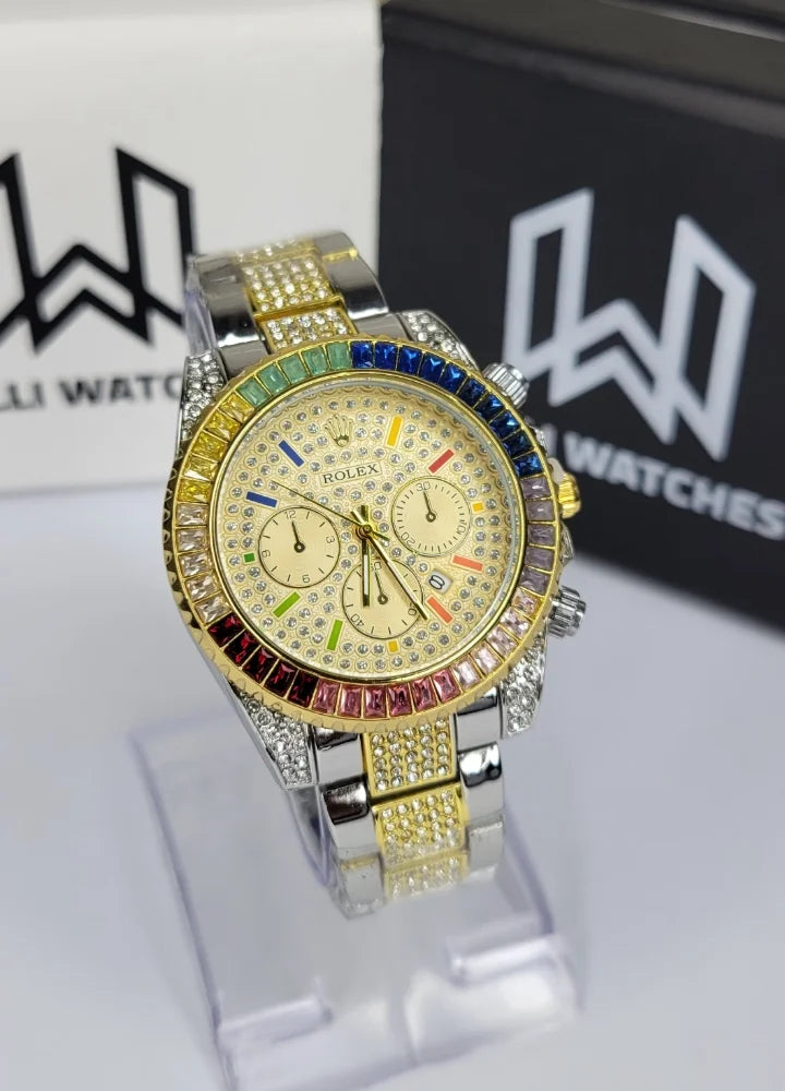 Men’s Two-Tone Full Diamond Rainbow Luxury Watch SK-005