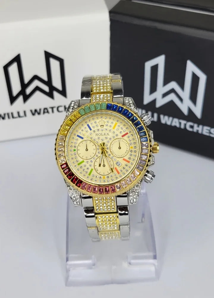 Men’s Two-Tone Full Diamond Rainbow Luxury Watch SK-005