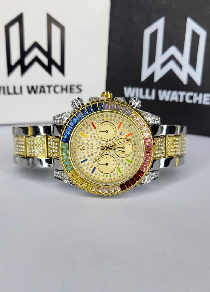 Men’s Two-Tone Full Diamond Rainbow Luxury Watch SK-005