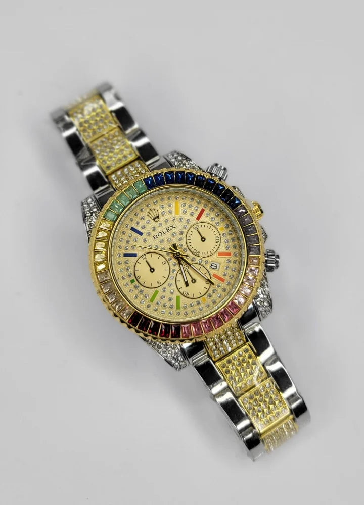 Men’s Two-Tone Full Diamond Rainbow Luxury Watch SK-005