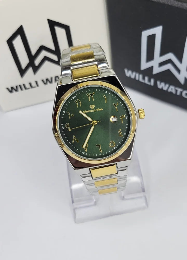 Diamond Blue Two-Tone Green Arabic Dial Date Watch DI-040