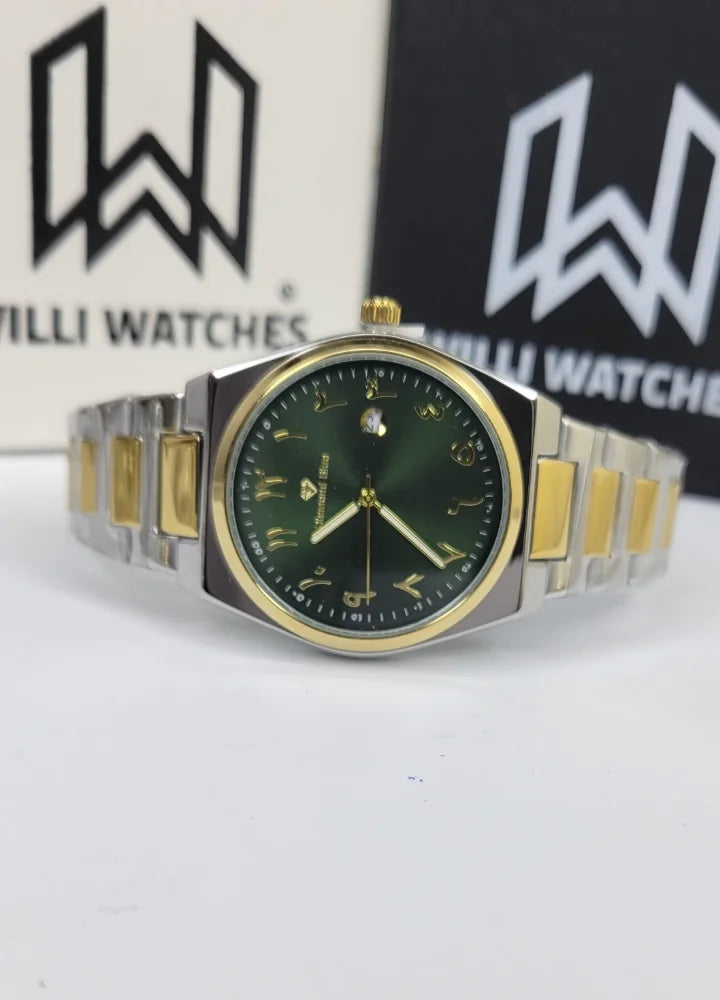 Diamond Blue Two-Tone Green Arabic Dial Date Watch DI-040