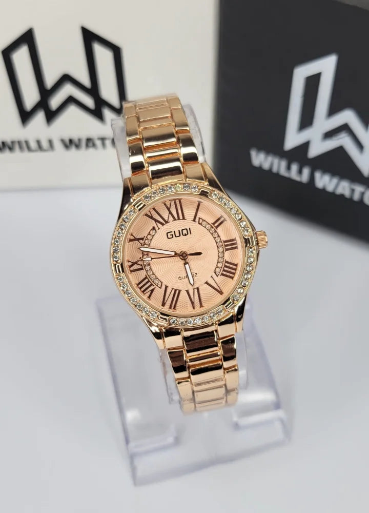 GUQI Rose Gold Diamond Bezel Watch FM-031