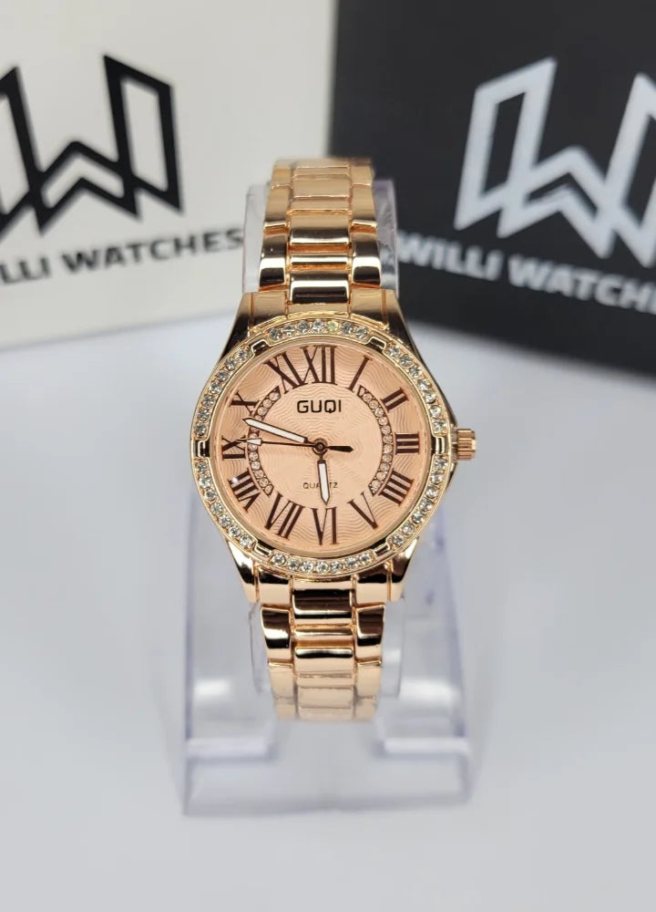 GUQI Rose Gold Diamond Bezel Watch FM-031