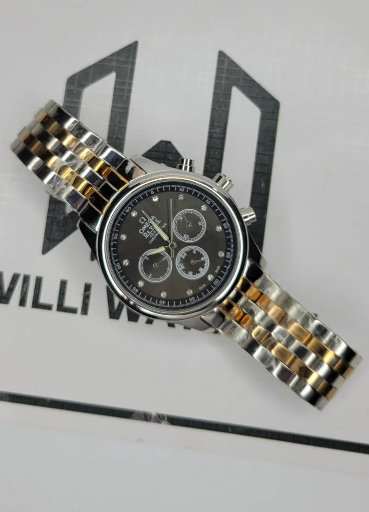 Omega Two Tone Stainless Steel Automatic Chronograph with Black Dial O-001