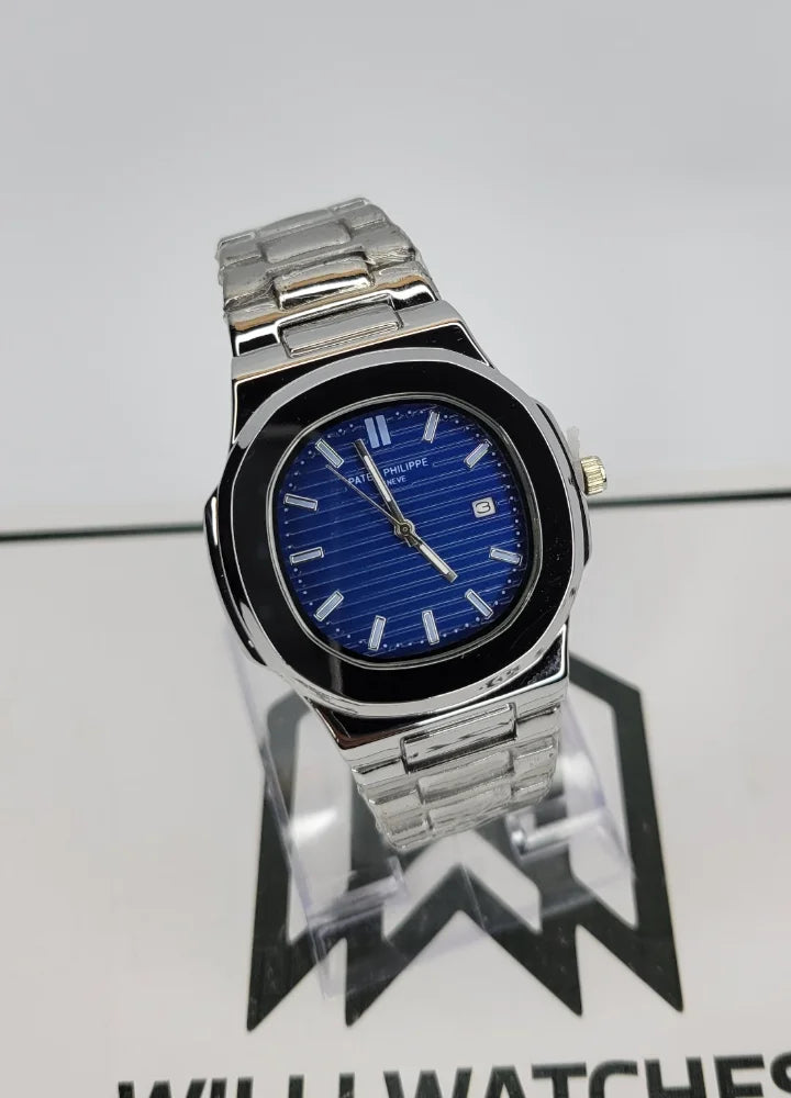 PP Nautilus Silver-Blue Dial Watch with Date PP-003