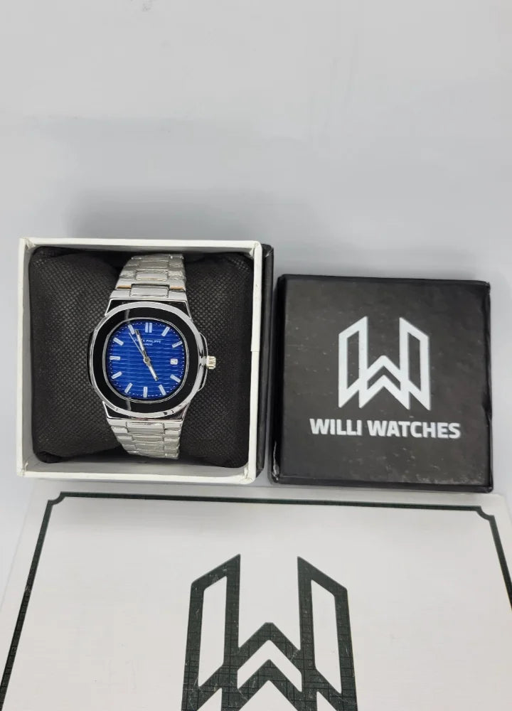 PP Nautilus Silver-Blue Dial Watch with Date PP-003