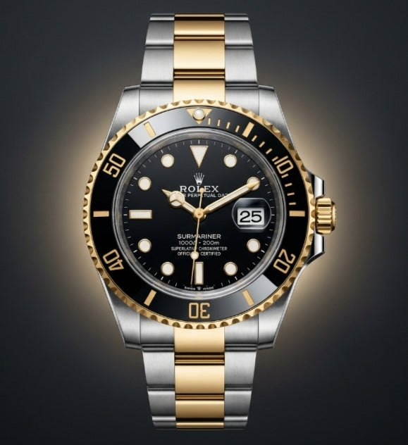 RLX Two-Tone Silver & Gold Strap Watch – Black Dial, Rotating Bezel, Date Display | R-018