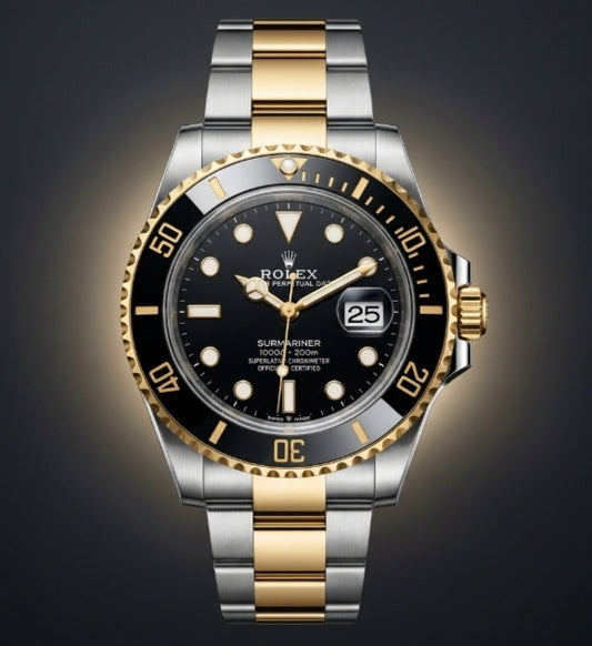 RLX Two-Tone Silver & Gold Strap Watch – Black Dial, Rotating Bezel, Date Display | R-018