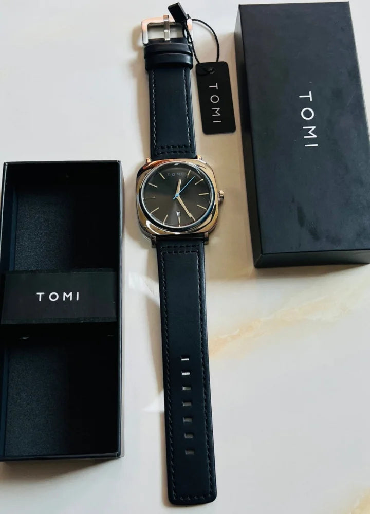TOMI Classic Leather Watch – Silver or Black Dial TM-003