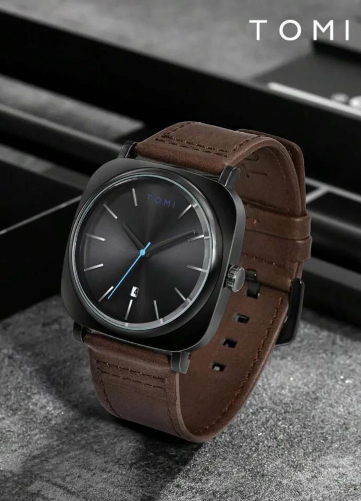 TOMI Leather Strap Men's Watch – Black Dial, Brown Strap TM-001