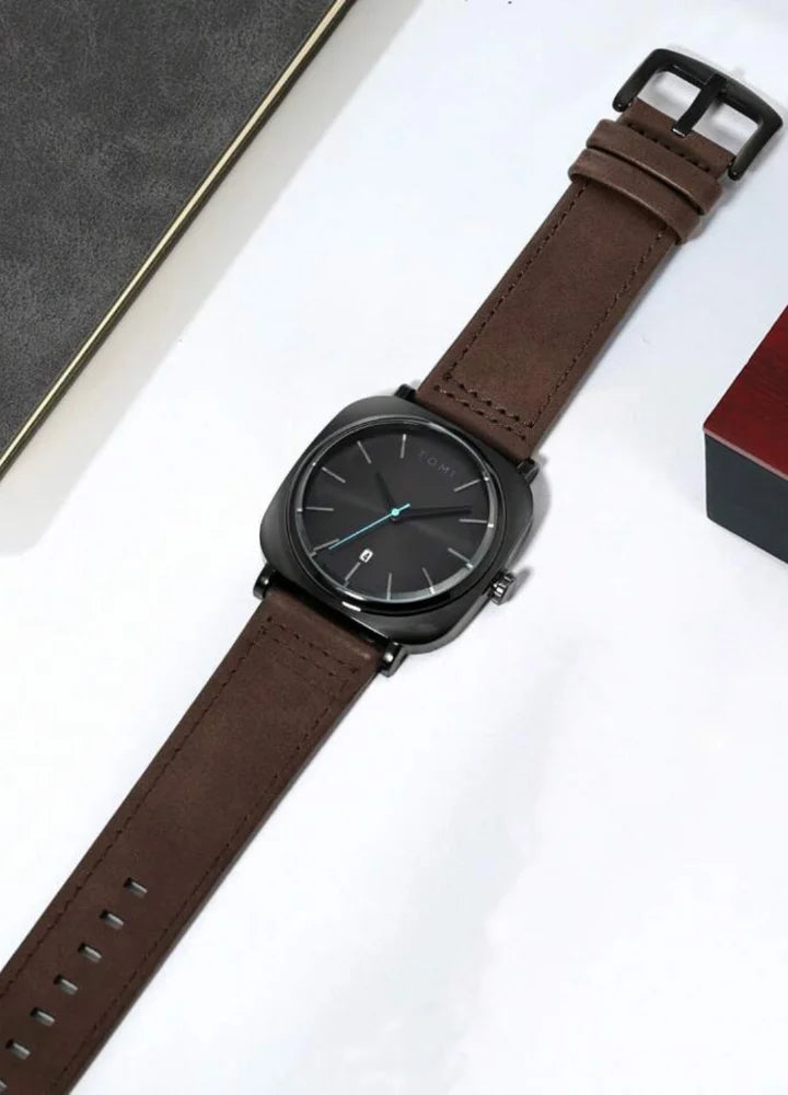 TOMI Leather Strap Men's Watch – Black Dial, Brown Strap TM-001