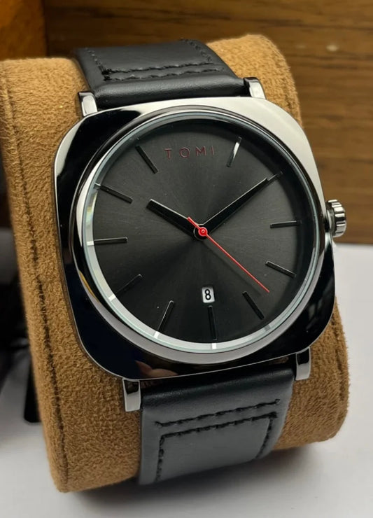 TOMI Leather Strap Men's Watch – All Black Elegance TM-005