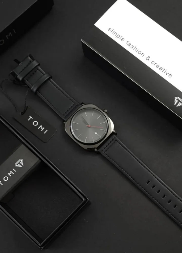 TOMI Leather Strap Men's Watch – All Black Elegance TM-005